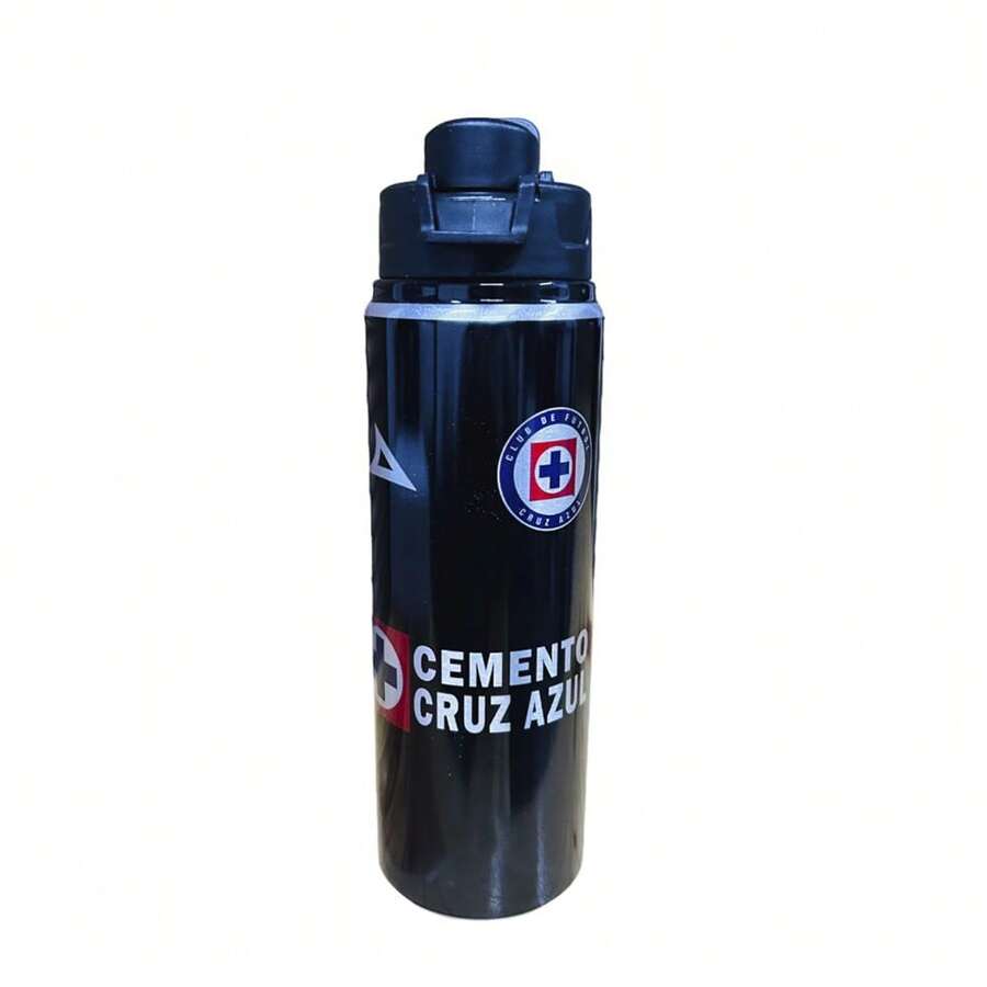 Botella para agua de Aluminio 750 ml, con tapa de cierre antiderrame y apertura para beber con cierre a presion, estampada equippo futbol club cruz azul - Negro - Ver 1