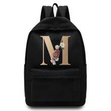 Lightweight,Portable Gold Letter Flower Printing Unisex Shoulder Backpack Outdoor Sport Bag Large Capacity Travel Hiking Rucksack Canvas Bags Casual School Bag Backpacks Laptop Organizer Zipper For Men Women Teenager Student School Backpack For College Students Perfect For College,Business, Work, Commute,Outdoors, Hiking, Travel, Climbing, Stadium, Sports, Outings ,Back To School - Black - View 6