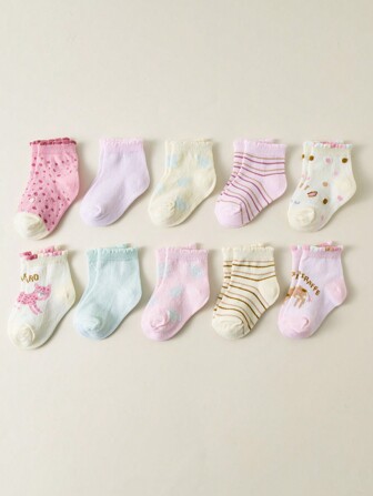 10pairs Children's Sweat-Absorbent & Anti-Odor Breathable Socks, Versatile Cute Baby Socks For All Seasons