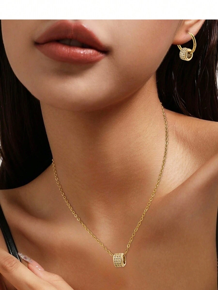 1 bộ/3 chiếc 2024 Bộ trang sức hoa tai dây chuyền thép không gỉ mới dành cho nữ Thiết kế vòng tròn Cubic Zirconia Parures De - Vàng - Xem 1