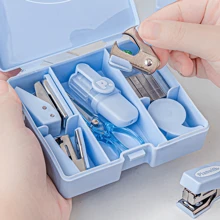 1 套打孔器和订书机工具盒套装，迷你便携式文具用品，适合学生和办公室、返校、学校用品 - 淺藍色 - 查看 4