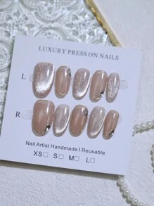 100%纯手工制作闪亮裸色猫眼美甲贴片，按压式美甲，椭圆形短指甲假指甲，可重复使用，美甲设计，适合居家日常使用和派对美甲产品，美甲用品，手工按压式美甲 - 杏色 - 查看 8