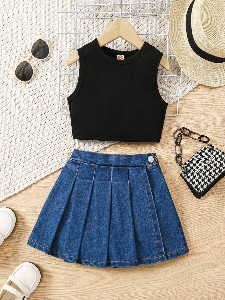 Conjunto de chaleco corto de moda para niña joven y falda plisada de mezclilla lavada - Azul - Ver 1