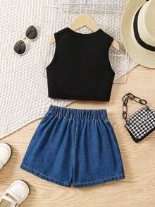 Conjunto de chaleco corto de moda para niña joven y falda plisada de mezclilla lavada - Azul - Ver 2