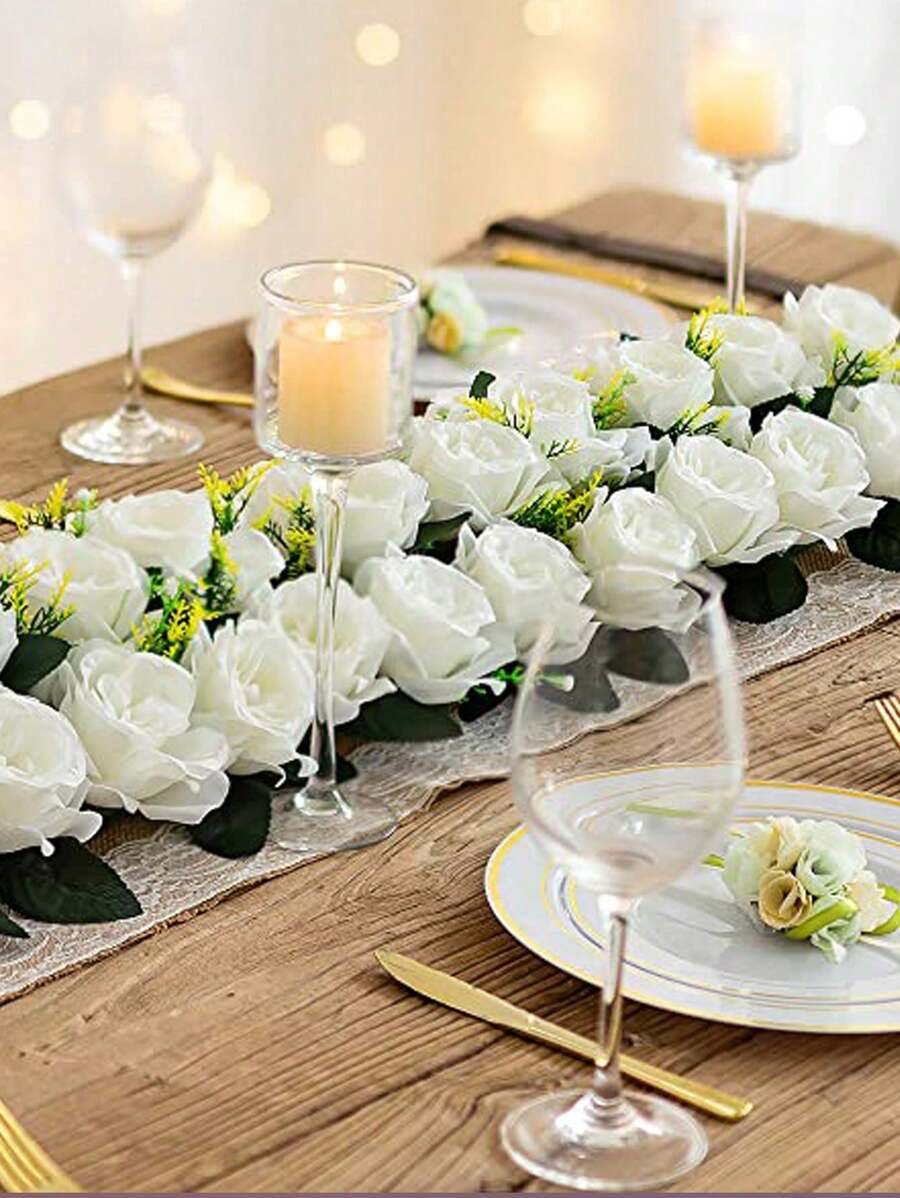 2Pcs Wedding Dining Table Flower Centerpiece Arch Silk Rose Floral Arrangement Table Runner Decorations Royal Blue&White Artificial Rose Floral For Room Kitchen Reception Table Decor Party Birthday,Valentine'S Day,Mother'S Day Gift - 白色 - 查看 1