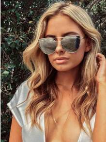 Mirror Fashion Glasses For Women Rave Festival Cat Eye Mirrored Aviator Eyewear Gold Silver Black Metal Frame Purple Reflective Lenses Beach Accessories For Women Glasses Shades - Multicolor - View 2