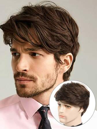 男士時尚短層次感假髮帶劉海，棕色，長度10英寸，適合日常佩戴萬聖節服裝假髮