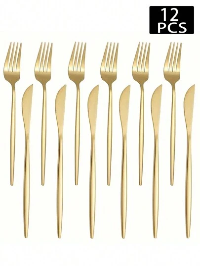 6/12/24pcs Stainless Steel Steak Knife And Fork Cutlery Set, Steak Knife, Pasta Fork, Dessert Knife And Fork, Suitable For Home Kitchen, Restaurant, Party, Wedding, Buffet