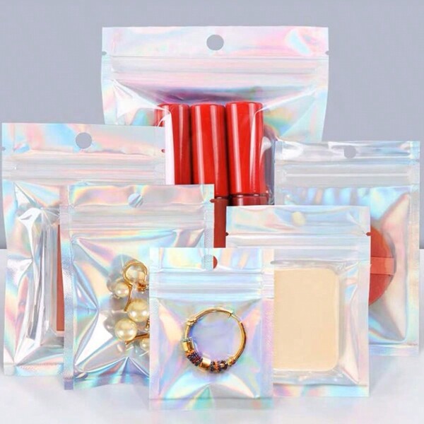 50pcs Laser Jewelry Packaging Bag, Self-Sealing Rainbow Holographic Foil Bag,