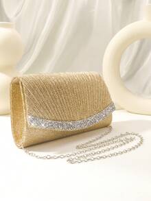 金色迷你閃粉晚宴包，迷人的褶皺方形包，閃亮的鑽石裝飾蓋子包，金屬鏈條適用於婚禮晚宴/宴會 - 金色 - 查看 2