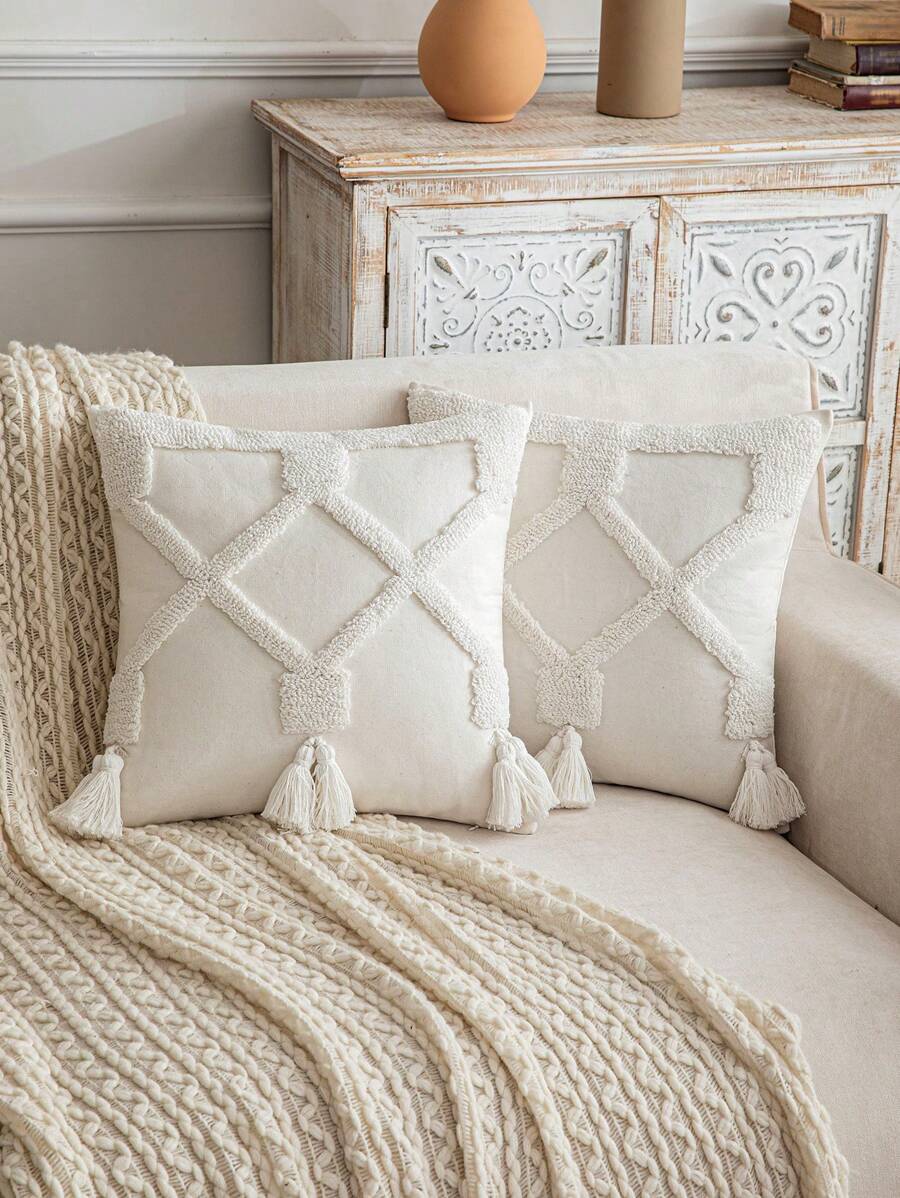 1pc Geometric Tufted Woven Square Decorative Pillow Case, Suitable For Home Decor (Pillow Insert Not Included) - White - View 1