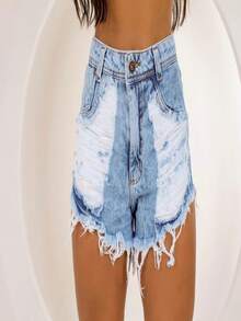 Women Denim Shorts - 淺色水洗藍 - 查看 2