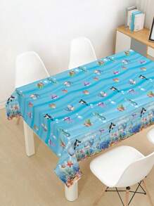1pc 220*130cm Ocean Theme Shark, Shell, Dolphin Pattern Disposable Plastic Tablecloth, Suitable For Birthday Party, Pool Party, Blue Ocean Shark Theme Party Supplies, Embossed Edge Decor Tablecloth, Home Decor, Christmas - Multicolor - View 3