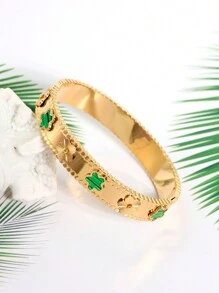 1pc Stainless Steel Colorful Flower Five-Pointed Star Design Women's Wide Cuff Bracelet, Golden, Bestie Gift Valentines,Mom,Mother,Mother's Day,Gift - Flower - View 4