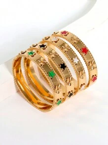 1pc Stainless Steel Colorful Flower Five-Pointed Star Design Women's Wide Cuff Bracelet, Golden, Bestie Gift Valentines,Mom,Mother,Mother's Day,Gift - Flower - View 3