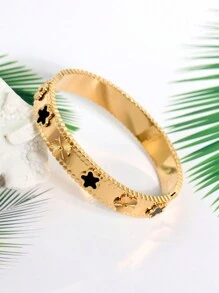 1pc Stainless Steel Colorful Flower Five-Pointed Star Design Women's Wide Cuff Bracelet, Golden, Bestie Gift Valentines,Mom,Mother,Mother's Day,Gift - Flower - View 5