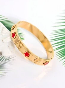 1pc Stainless Steel Colorful Flower Five-Pointed Star Design Women's Wide Cuff Bracelet, Golden, Bestie Gift Valentines,Mom,Mother,Mother's Day,Gift - Flower - View 7