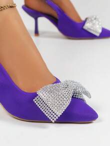 Zapatos de tacón alto de color púrpura de moda, decorados con un diseño de lazo con strass, zapatos brillantes para vestidos y fiestas - Morado - Ver 6