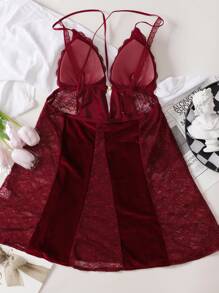 性感花邊絨面V領背心裙 - 酒紅色 - 查看 7