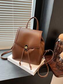 Ba lô dây rút lật đơn giản và thời trang màu đen có nắp đậy, thích hợp cho kỳ nghỉ và công việc, túi đeo vai nữ sành điệu - màu nâu - Xem 1