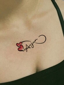 1 pieza Pegatina tatuaje temporal lavable PVC, diseño de corazón y fuente artística, diseño rosa en forma de corazón que presenta una palabra en inglés fluida y es apta para colocar en el brazo,tatuajes maquina para tatuar tatuajes falsos - Multicolor - Ver 3