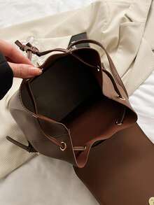 Ba lô dây rút lật đơn giản và thời trang màu đen có nắp đậy, thích hợp cho kỳ nghỉ và công việc, túi đeo vai nữ sành điệu - màu nâu - Xem 7