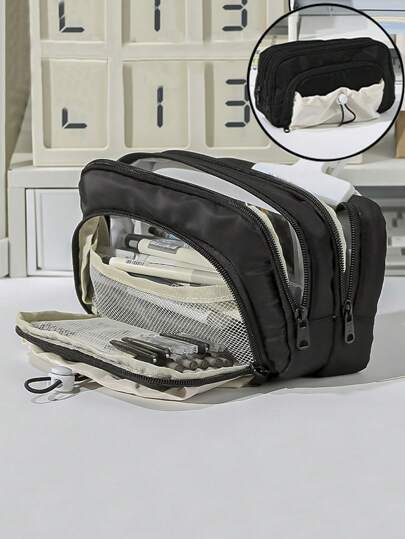 大容量牛津布笔袋 - 创意帐篷式设计，多隔层收纳包，可收纳钢笔、马克笔和化妆品，便携式桌面收纳包，笔盒，化妆品收纳，文具