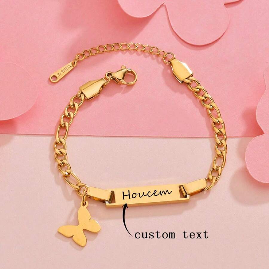 Personalized Custom Name Bracelet Hypoallergenic Stainless Steel Customized Engraved Name Butterfly Heart Crown Star Pendant Bracelet For Women Customized Jewelry Family Love Gift Stylish,Fall Fashion,Contracted,Simple,Casual,Old Money,Cuties Custom,Personalized,Unique Ideal Gifts For Her Girlfriend,Mom,Family,Friends,Daughter For Anniversaries,For Valentine's Day,For Mother's Day,For Birthdays,For Graduation,For Daily Wear,For Weddings,For Prom Valentines