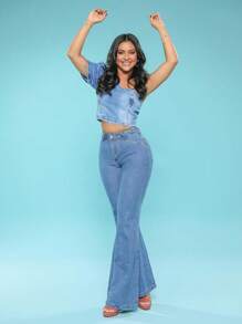 Calça Flare Jeans Básica Feminina Confort Cintura Alta Com Lycra Moderna. - Lavagem Média - Visão 3