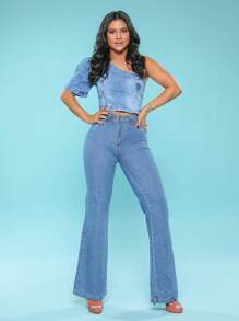 Calça Flare Jeans Básica Feminina Confort Cintura Alta Com Lycra Moderna. - Lavagem Média - Visão 2