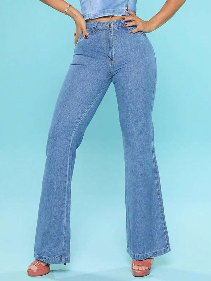 Calça Flare Jeans Básica Feminina Confort Cintura Alta Com Lycra Moderna. - Lavagem Média - Visão 1