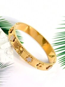 1pc Stainless Steel Colorful Flower Five-Pointed Star Design Women's Wide Cuff Bracelet, Golden, Bestie Gift Valentines,Mom,Mother,Mother's Day,Gift - Flower - View 6