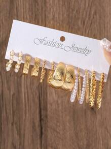 6 Pairs Set Of Tiny Golden Circle Design Hoop Earrings Zinc Alloy JewelryElegant Leisure Style For Women Summer Daily Earrings - Gold - View 9