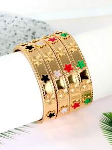 1pc Stainless Steel Colorful Flower Five-Pointed Star Design Women's Wide Cuff Bracelet, Golden, Bestie Gift Valentines,Mom,Mother,Mother's Day,Gift - Flower - View 9