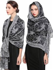 波西米亚风女士奢华多功能佩斯利和佩斯利提花长围巾、披肩、复古围巾，适合春夏季日常使用。配饰女士冬季秋季 - A - 查看 4