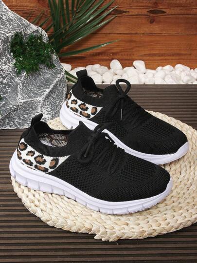 1 Pair Girls Knit Lace-Up Design Flat Breathable Slip-On Casual Children Sports Shoes, Suitable For Spring & Autumn