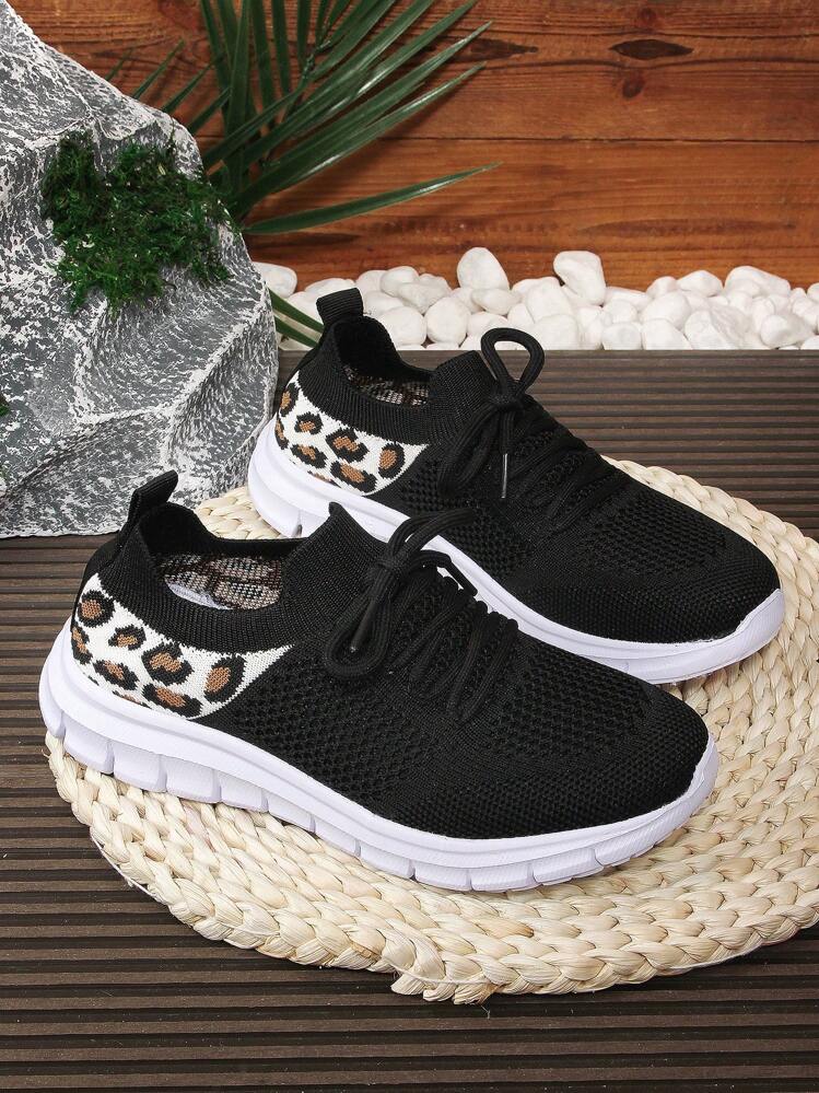 1 Pair Girls Knit Lace-Up Design Flat Breathable Slip-On Casual Children Sports Shoes, Suitable For Spring & Autumn - Black - View 1