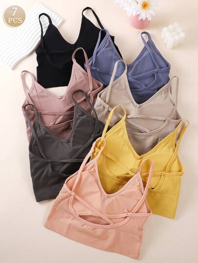 7pcs Women's Crossed Back Bra, Versatile To Wear As Inner Or Outer Clothing, Lingerie