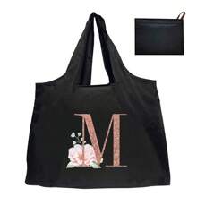 购物袋手提袋折叠袋姓名首字母图案手提包野餐袋可重复使用的储物袋杂货手提袋大容量旅行杂货袋手提袋姓名首字母印花沙滩包单肩包，学校用品，书包，学校手提包，轻便，便携，可折叠，适合青少年女孩女士大学生，非常适合返校 - 黑色 - 查看 16
