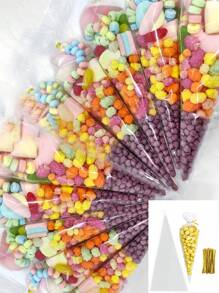 50/100 uds Bolsas cónicas de golosinas, bolsas de palomitas, bolsas de celofán triangulares con lazos retorcidos para caramelos, galletas hechas a mano, regalos de boda, cumpleaños, día de San Valentín, suministros para bufé de dulces y Navidad - transparente - Ver 1