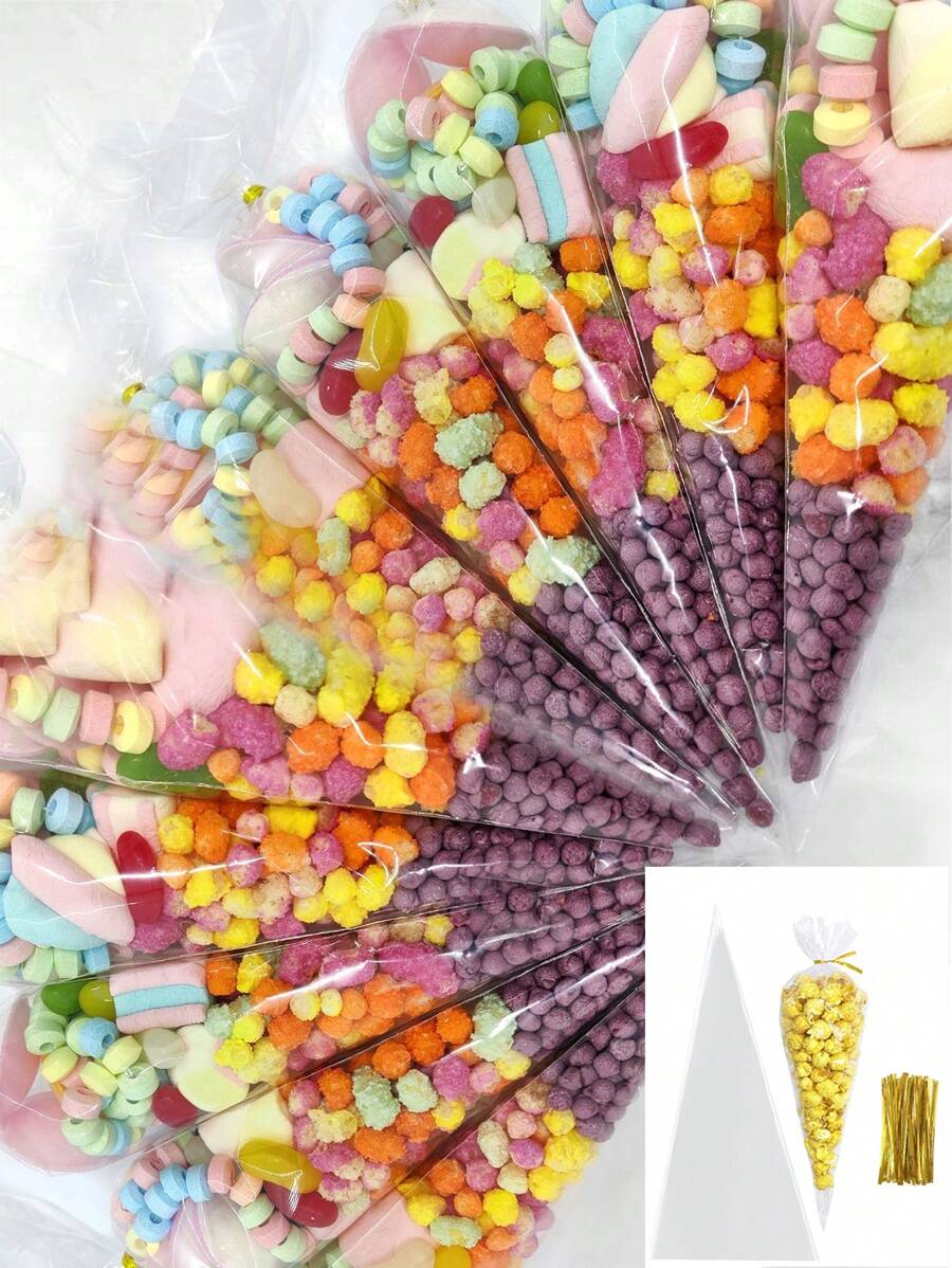 50/100 uds Bolsas cónicas de golosinas, bolsas de palomitas, bolsas de celofán triangulares con lazos retorcidos para caramelos, galletas hechas a mano, regalos de boda, cumpleaños, día de San Valentín, suministros para bufé de dulces y Navidad - transparente - Ver 1