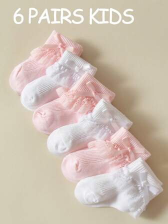 6 Pairs Baby Girls' Bowknot Decor Comfortable Lace Socks, Breathable Ankle Socks For Daily Wear/Travel
