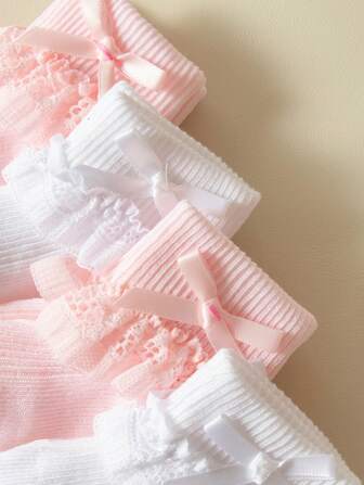 6雙寶寶女孩蝴蝶結裝飾舒適蕾絲襪子，透氣短襪適用於日常穿梭/旅行