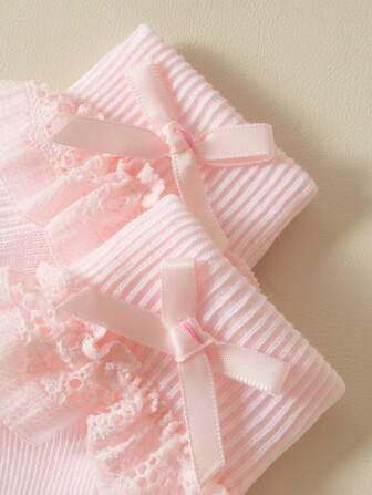 6雙寶寶女孩蝴蝶結裝飾舒適蕾絲襪子，透氣短襪適用於日常穿梭/旅行