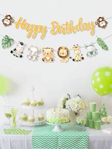 1 Pezzo Striscione Happy Birthday con Animali della Giungla, Bandiera Decorativa per Festa di Compleanno, Decorazione di Sfondo per Festa a Tema, Decorazione per La Casa, Natale