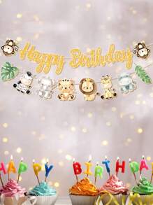 1 Pezzo Striscione Happy Birthday con Animali della Giungla, Bandiera Decorativa per Festa di Compleanno, Decorazione di Sfondo per Festa a Tema, Decorazione per La Casa, Natale