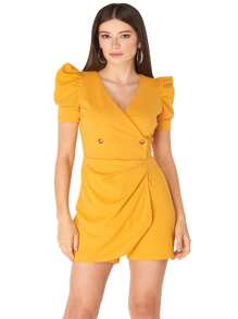 Devendi Jumper con Short, Enterizo, Color Amarillo Mostaza, Tela Stretch, Manga Corta con Volumen - Amarillo Mostaza - Ver 1