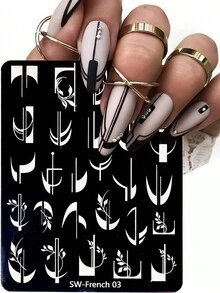 2 件法式线条美甲印花板 3D 叶子蝴蝶花朵波浪线法式线条图像设计印刷模板美甲配件工具，美甲沙龙 - 銀色 - 查看 3