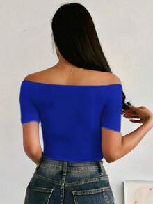 Women's Off Shoulder Solid Blouse - Blue - View 3