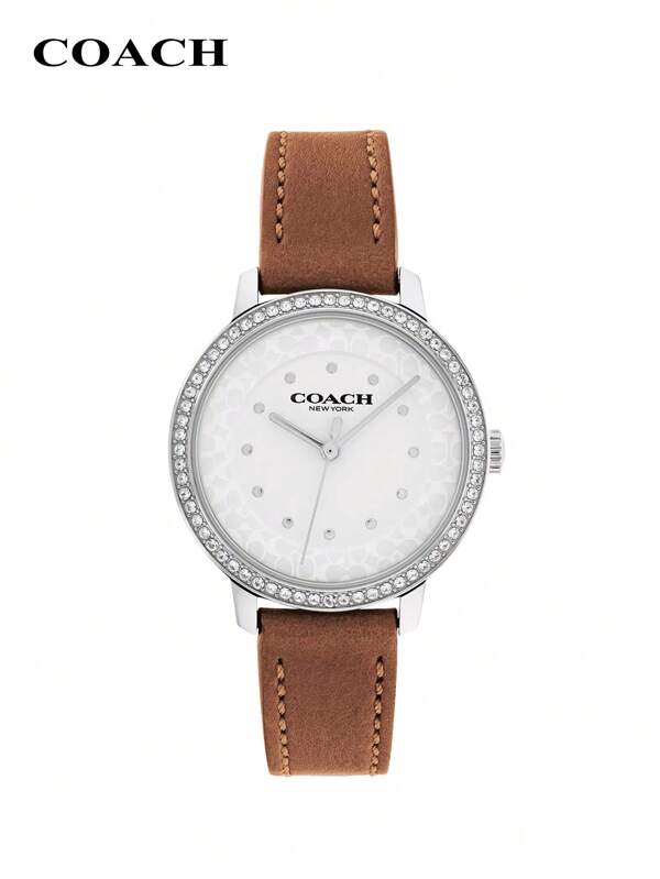 Coach Rayden Women Round Watch With Crystal Decorated Bezel, Quartz Watch With Calfskin Strap Bracelet Watch For Daily Business Party Dating Gift For Women Wife Girlfriend Mothe's Day
